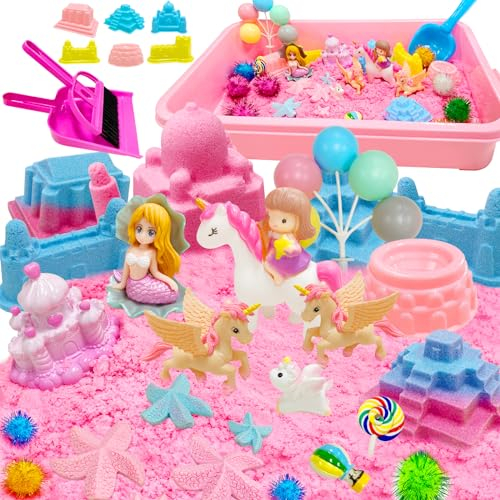 VBACALA Kit Sabbia Magica Bambini Unicorno - Set Completo con 900g Sabbia (3 Colori), Unicorni, Sirenetta, Stampini Castelli e Accessori,Gioco Sensoriale Educativo,Regalo per Bambini 3+ Anni