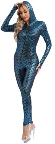 dPois Combinaison Sirène Femme Carnaval Imprimé Ecailles de Poisson Manches Longues Justaucorps Danse Bodysuit Jumpsuit Costume Clubwear