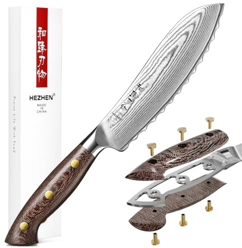 HEZHEN Damasco Coltelli da Pomodoro, 67 Strati di Acciaio Damasco Coltelli ad Alto Tenore di Carbonio, Lama Seghetta Coltelli per Frutta e Verdura, Full Tang Manico in Micarta