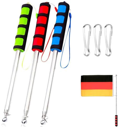 LYSHOOCE 3 Stück Edelstahl Teleskop Fahnenstange, Teleskop Fahnenmast 2M, Tragbarer Stab, Ideal für Reisen, Führungen, Unterricht, Camping(Rot, Grün, Blau)