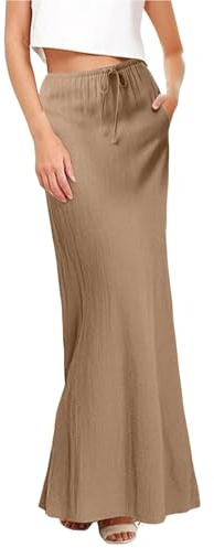 Dam linnekjol knälång maxikjol lång sommar omlottkjol strand höftkjol med dragsko bodycon strandkjol hög midja pennkjol sexig fritidskjol enfärgad kjol med fickor damkjol, kaffe, M