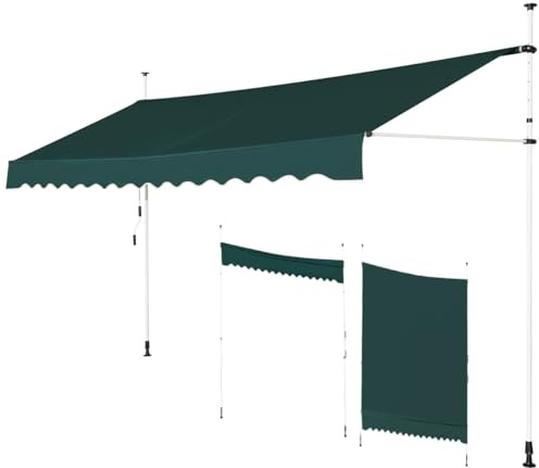 GOPLUS Klämmarkis balkong, terrassmarkis balkongmarkis solskydd utan borrning, UV-resistent höjdjusterbar, solmarkis med handvev, metall och Oxford, infällbar (300 cm, grön)
