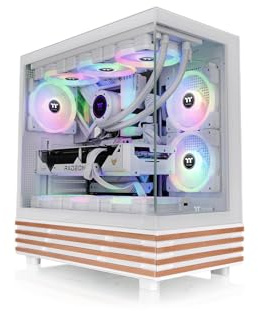 Thermaltake View 270 Plus WS ARGB ATX Midi-Tower PC Case - Tempered Glass Front & Side, Wood Accent, 3 x 120 mm ARGB Lite (2 Reverse) Pre-installed, USB-C, 360 mm Radiator, Snow White