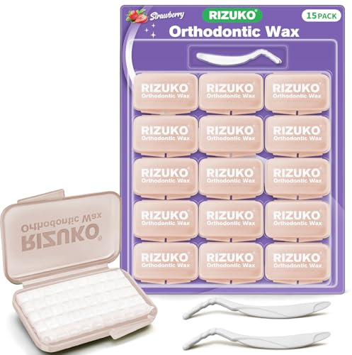 Rizuko Lot de 15 bandes de cire orthodontique pour appareils dentaires, 750 points de cire prédécoupés, bandes de cire orthodontique pour soins dentaires avec enveloppements individuels hygiéniques et