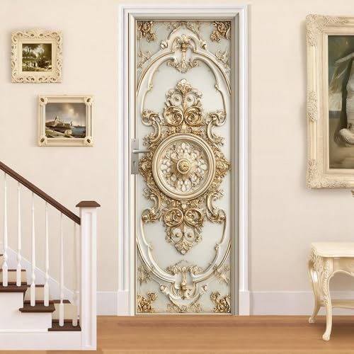 Cmialusie Peel and Stick Door Wallpaper 30.31 x 78.74 Inch Gold Baroque Door Sticker Ornate Marble Decorative Door Cover Center Split Design Door Mural for Home Decor