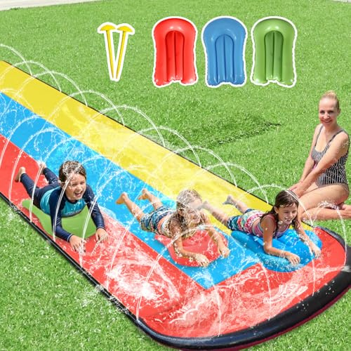 SKIKHN Scivolo d'Acqua Triplo Racer,480x210CM Scivolo Acquatico Giardino,con Irrigatore e 3 Tavole Gonfiabili,5Toppa di Riparazione,per Bambini Adulti,Festa Estiva,Prato,Attività Acquatiche All'Aperto
