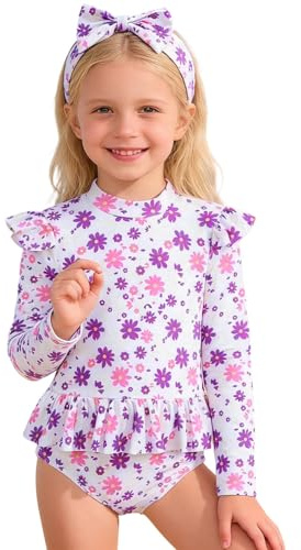 Traje de Baño Manga Larga con Estampado Floral para Niñas Conjunto Bikini y Diadema Jugar en la Playa BañAdor Natacion NiñA 3 AñOs Ropa De BañO para Bikinis 14