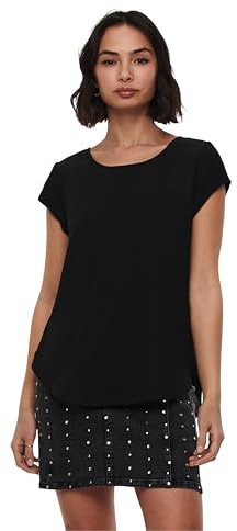Blusa básica de Manga Corta para Mujer Cuello Redondo de ONLVIC, Color:Negro, Talla:42