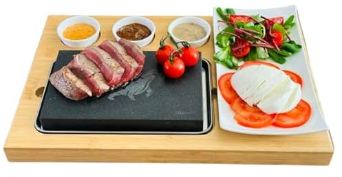 Higoshi 1 x Bull Engraved Bamboo Board 7 Piece Set for Meat, Fish, Veg, Steak - Cooking Stone Set - Sizzling Hot Plate with Bowls