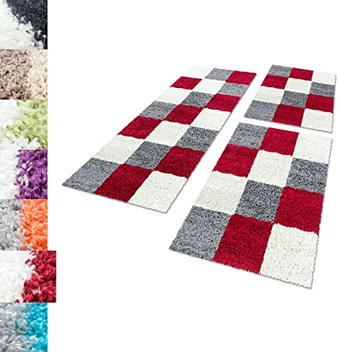 Carpettex Bettumrandung Schlafzimmer 3teilig Shaggy Teppich Hochflor Karo Muster Rot Bettset:2 mal 80x150 + 1 mal 80x250 - Bettvorleger Schlafzimmer Läuferset Flauschig Langflor Bettumrandung Teppich