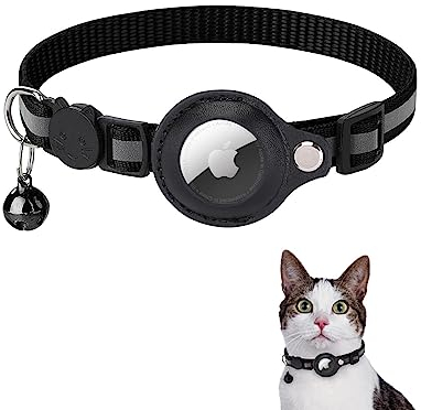 Airtag Katzenhalsband, Reflektierendes AirTag Katzenhalsband mit AirTag-Halterung und Glocke, GPS Leichte Tracker Katzenhalsbänder, Katzen-AirTag-Halsband mit Abbrechbarer Sicherheitsschnalle(Schwarz)