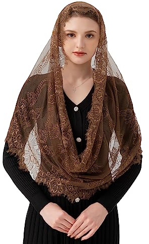 PAMOR Spanish Style Lace Traditional Vintage Inspired Infinity Shape Mantilla Veil Latin Mass Head Covering (Brown)