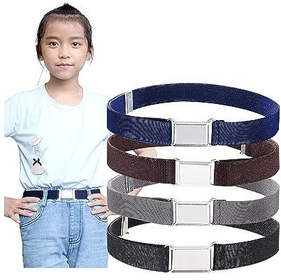 TAFACE 4 stycken elastiska barnbälte, justerbara neutrala bälte, enkla fyrkantiga spännbälte, lämpliga för jeans, kostymbyxor, fritidsbyxor, klänningar (svart, mörkblå, brun, grå), Svart, mörkblå,