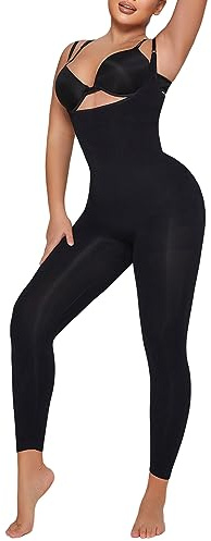 Takusun Women Open Bust Full Bodysuit Tummy Control Shapewear Workout Yoga Jumpsuit Body Shaper Butt Lifter Thigh Slimmer, Black, Medium