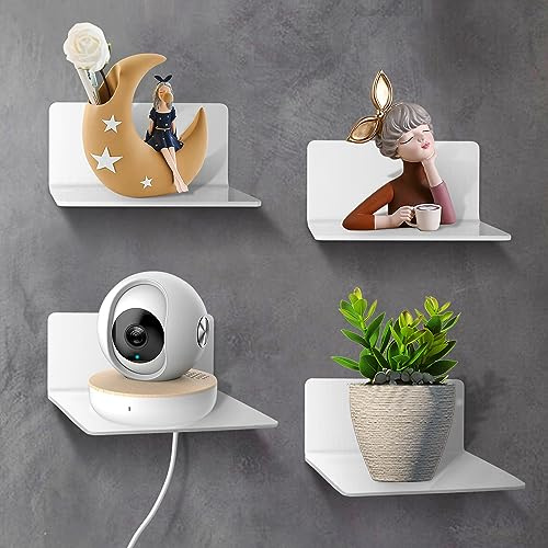 SHEPIN 4 Pezzi Mensole da Muro Bianche Adesiva, Piccola Mensola da Parete Bianca Senza Foratura, Moderne Design Mensola Bagno Adesive Mensolina in Acrilico per Bagno,Cameretta,Cucina, Salotto 10x9x5cm