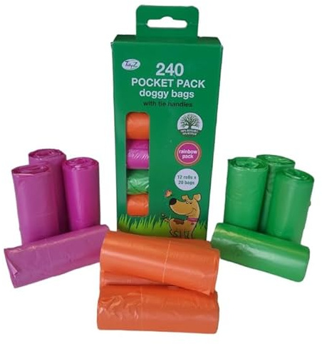 240 TidyZ Dog Poo Bags. Minimum 30% Recycled Plastic. Strong, Large Pet Waste Bags. Tie Handles. Individual Pocket Packs. Coloured. Leakproof. 12 Rolls of 20