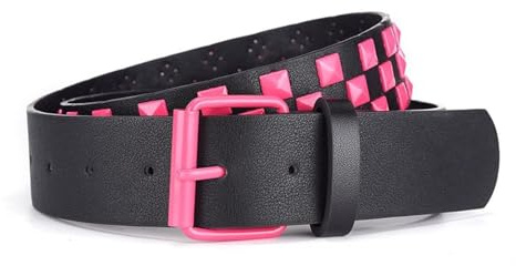 Jdlsppl Women's Faux Leather Chunky Belt Checkerboard Punk Rock Pyramid Stud Goth Style Spiked Casual Fashion Thick Gothic Studded Belts Rose X-Small-Large