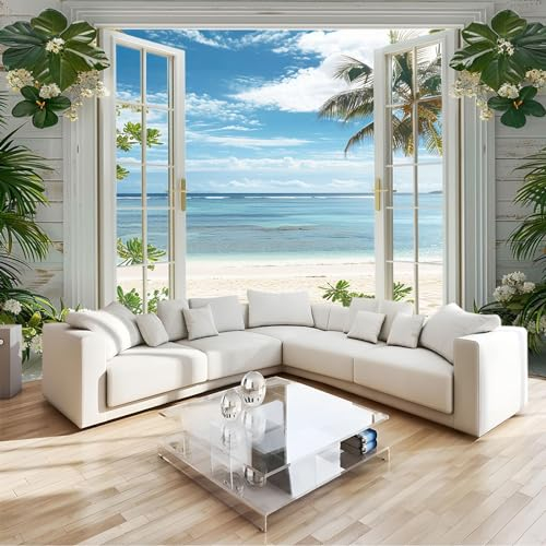 Tapete 3D Effekt Fenster mit Meerblick Fototapete Wohnzimmer B350 x H256 cm Vlies Tapeten Wandtapete Moderne Wanddeko Wand Dekoration Wohnzimmer Schlafzimmer Büro Flur