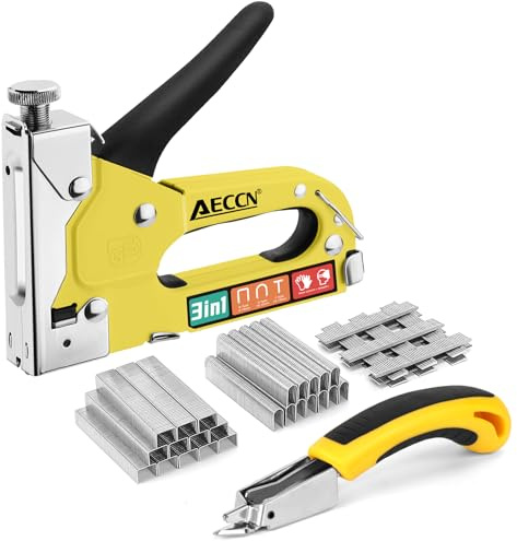 AECCN 3-in-1 Staple Gun for Wood & Furniture, and DIY Decoration, Yellow | 2100 Staples and 1 Staple Remover, Stainless Steel Rust-Resistant, Powerful and Durable, Ergonomically Design