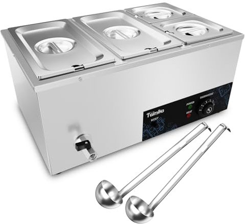 TAIMIKO Electric Food Warmer -with Anti-Dry Burn & Reset Button 1500W Commercial Bain Marie,Stainless Steel Buffet Container, 0-85°C Adjustable Temp for Restaurant & Buffet (GN 1/3×2+GN 1/6 ×2)