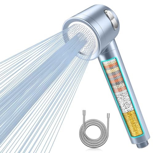 MEKO High Pressure Filter Shower Head for Hard Water UK,1.5m Hose,3 Modes | Power handheld Shower Head with Massage Brush,Water Saving,15 Stage Shower Filter for Residual Chlorine Removal,Blue