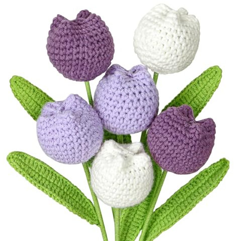 DEMIUKO 6 Tulipes au Crochet Fleurs Artificielles Bouquet de Fleurs Violet Crocheted Plantes Faux Tissées Tulipes Blanc Florales Tricotées Cadeau pour Amis Famille Bureau Vase Maison Décoration