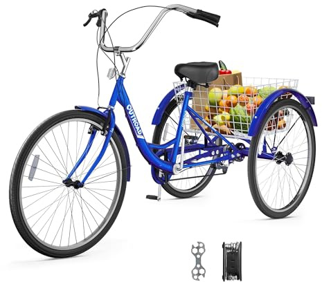 Max4out Adult Tricycle with Large Basket 24/26 Inch, Stable 3-Wheel Cruise Bicycle for Shopping, Beach and City Trike Perfect for Men, Women, Seniors -26 Blue