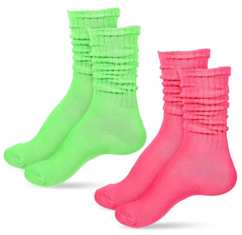 TIESOME 2 pares de calcetines holgados para mujer, calcetines elásticos de neón largos para mujer, talla 5-12 (rosa y verde)