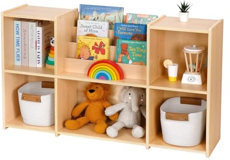 OOOK Montessori-Bücherregal und Spielzeugorganizer, 2-stufiges Horizontales Bücherregal, Spielzeugaufbewahrungsschrank mit 5 Fächern und Bücherablage, ideale Wahl für Kinderzimmer, Spielzimmer