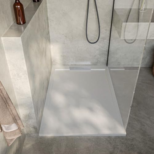 SOULBATH Plato de Ducha Extraplano Antideslizante – Resina Gel Coat - Textura Liso/Piedra – BLANCO ROTO - 90X70 - Diseño elegante - Incluye Válvula de desagüe