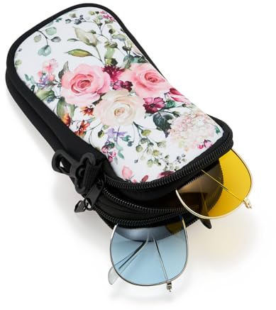QIUTIMIY Sunglasses Soft Case Zipper Double Eyeglass Case with 2 Compartments 1 Belt Clip(Rose)