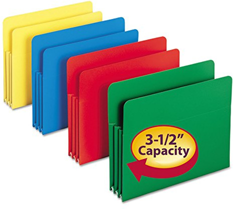 Smead Poly File Pocket, Straight-Cut Tab, 3-1/2 Expansion, Letter Size, Assorted Colors, Pack of 4
