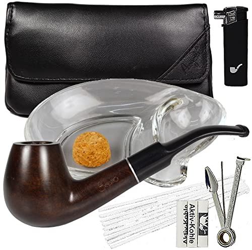 SEPILO Pfeifenset Echte Bruyere Holz Pfeife Set 9mm Aktivkohle Filter, Pfeifentasche/Kombibeutel, Pfeifenfeuerzeug, Pfeifenbesteck, Pfeifenreiniger, Pfeifenascher, Rauchanleitung #992