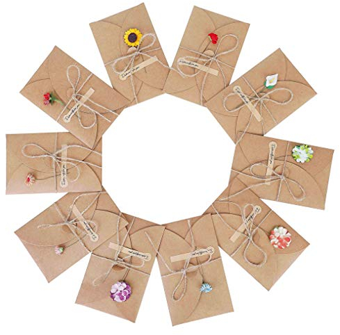 QIMEI-SHOP Grußkarten 10 Stück Grußkarte Set Blanko Handgemachte Retro Kraftpapier Karte und Umschlag Blanko mit Getrocknete Blumen für Erntedankfest Valentinstag Muttertag 17.5cm x 11cm