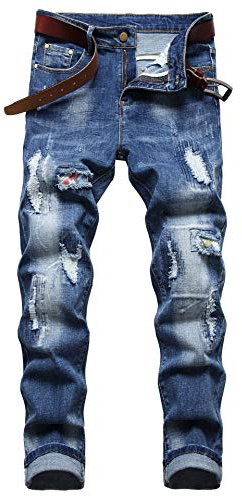 AITITIA Men's Patch Ripped Regular Fit Stretch Jeans, 668 Moon Blue, 38