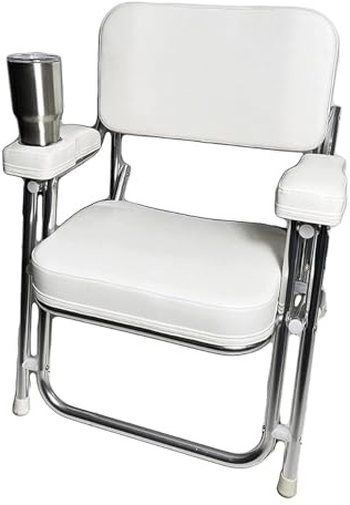 MARINE CITY Aluminum Portable Folding Boat Deck Chair, Cushioned & Comfortable with Foam Padding, Ideal for Marine, Boats, Yachts, and Ships (Aluminum with Cup Holder)