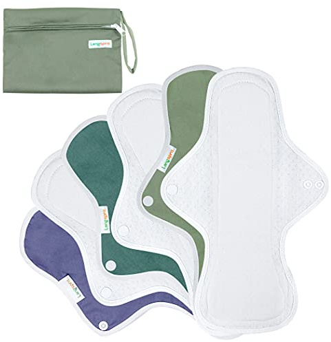 Langsprit Reusable Sanitary Pads for Women, Feminine Pads for Women Regular Absorbency Cotton Washable Cloth Menstrual Pads 6pcs Set with Mini Wet Bag Leakfree and Periods (Large)