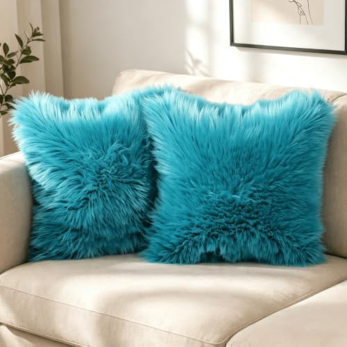 OYIMUA Soft Faux Fur Cushion Covers 45x45cm Teal Set of 2 for Sofa Bed | Fluffy Decorative Pillow Covers 18x18 for Living Rooms,Bedrooms,Offices,Machine Washable,Hidden Zipper,Fade-Resistant