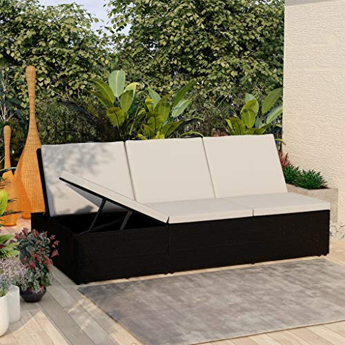QZZCED Convertible Sun Bed,Sun Loungers,Outdoor Chaise,Wicker Outdoor Furniture,Weather-Resistant,for Lawn,Backyard,Garden,Park,Poolside,Deck,Adjustable Backrest,with Cushion Poly Rattan Black