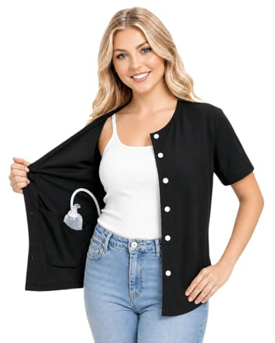 USBD Post Mastectomy Shirt with Drain Pockets, Crew Neck Button Front Recovery Post op Top, Soft Cotton Blend (Medium, Black)