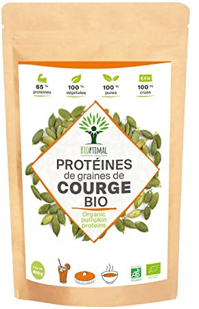 Protéine de Graines de Courge Bio - Bioptimal - 65% de Protéines BCAA - Poudre de Graine de Citrouille Crue - Cultivé en Europe - 100% Pur et Raw - Conditionné en France - Certifié par Ecocert - 500 g