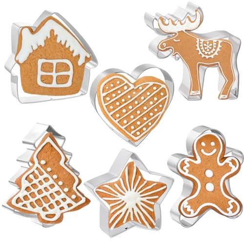 JOB JOL Christmas Cookie Cutters 6 PCS, 4'', Gingerbread Man, House, Christmas Tree