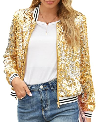 Hoibmasp Sequin Top Front Zip Blazer Casual Long Sleeve Fashion Zip Up Sequins Bomber Jacket Gold XL