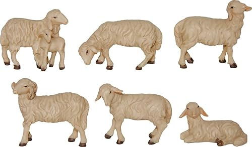 FADEDA 6 x får med vädur och lamm/höjd: 12 cm/handmålad/detaljerade krubbfigurer – julbord, dekoration, krubbtillbehör