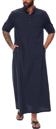 YAOHUOLE Mens Kaftan Thobe Abaya Robes Casual Button Caftan Long Sleeve Ethnic Jubba for Men with Pocket Dark Blue M