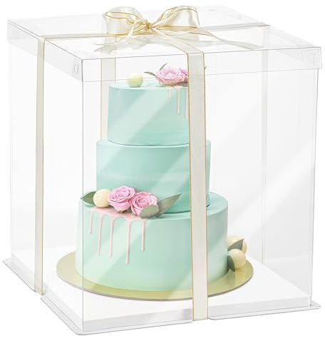 Winter Shore Clear Kunststoff-Tortentransportbox Hoch mit Platten & Schleife - Kuchen Transportbox für Mehrschichtige Torten - Transparente Geschenkbox für Geburtstagskuchen, Cupcakes/Desserts