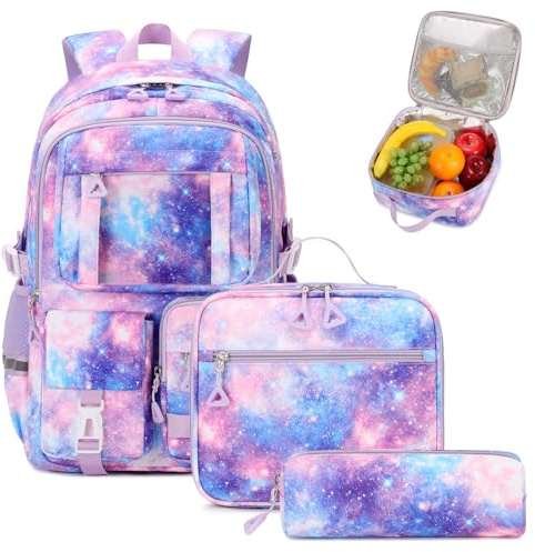PIG PIG GIRL Backpack for Girls 3pcs Set Kids Backpack with Lunch Box Students Kawaii Book Bag for Elementary Primary Middle School Bags - Ita Backpack - Galaxy