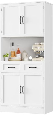 HOCSOK Küchenschrank, 180cm Buffetschrank mit Arbeitsplatte, Vorratsschrank Küche mit 4 Türen und 2 Schubladen, Hochschrank Mehrzweckschrank mit Verstellbare Ablage, Weiß