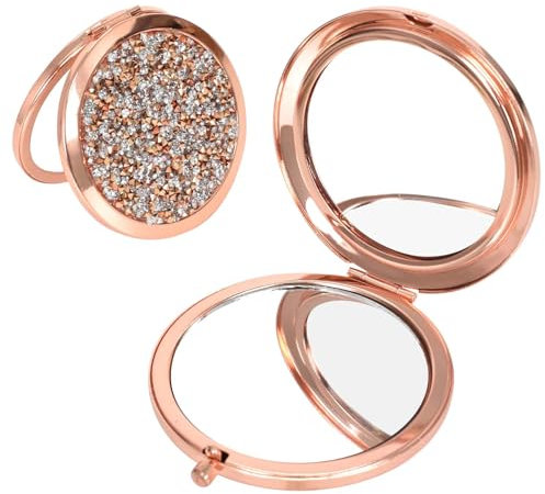 Dewocke Specchio Compatto, 7cm Specchio Rotondo Tascabile con Ingrandimento 1X/2X, Specchio da Borsetta Portatile Pieghevole, Specchio Cosmetico, Specchio Piccolo per Ragazze Donne, Diamanti Oro Rosa