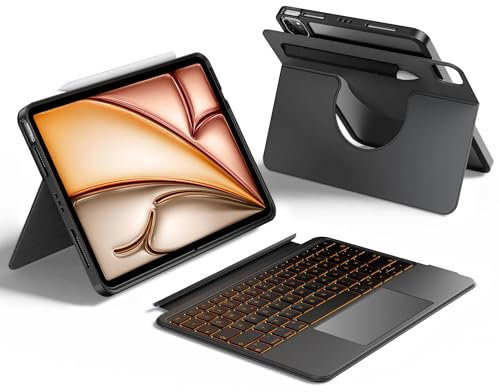 HOU 360° Drehbare Abnehmbare Hülle mit Tastatur für iPad Air 11 (M3/M2) 2025, Air 7/6/5/4, Pro 11 4/3/2/1,155° Verstellbarer Ständer, Touch Trackpad,7-Farbige Beleuchtung,Stiftetui für Pencil,QWERTZ